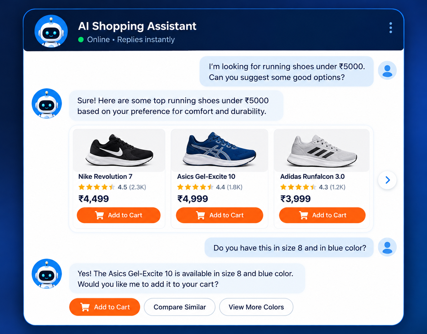 Ecommerce chat interface with product recommendations, stock availability and delivery information