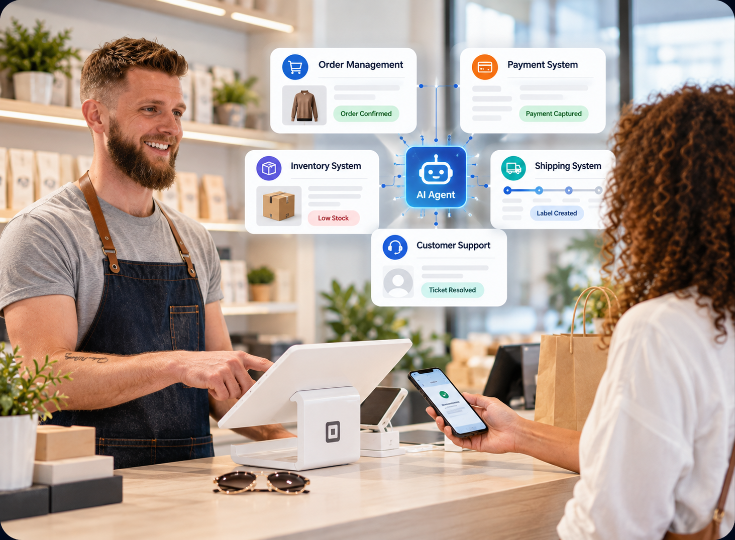 Store associate at a checkout counter while an AI agent connects order management, payment, inventory, shipping and customer support systems