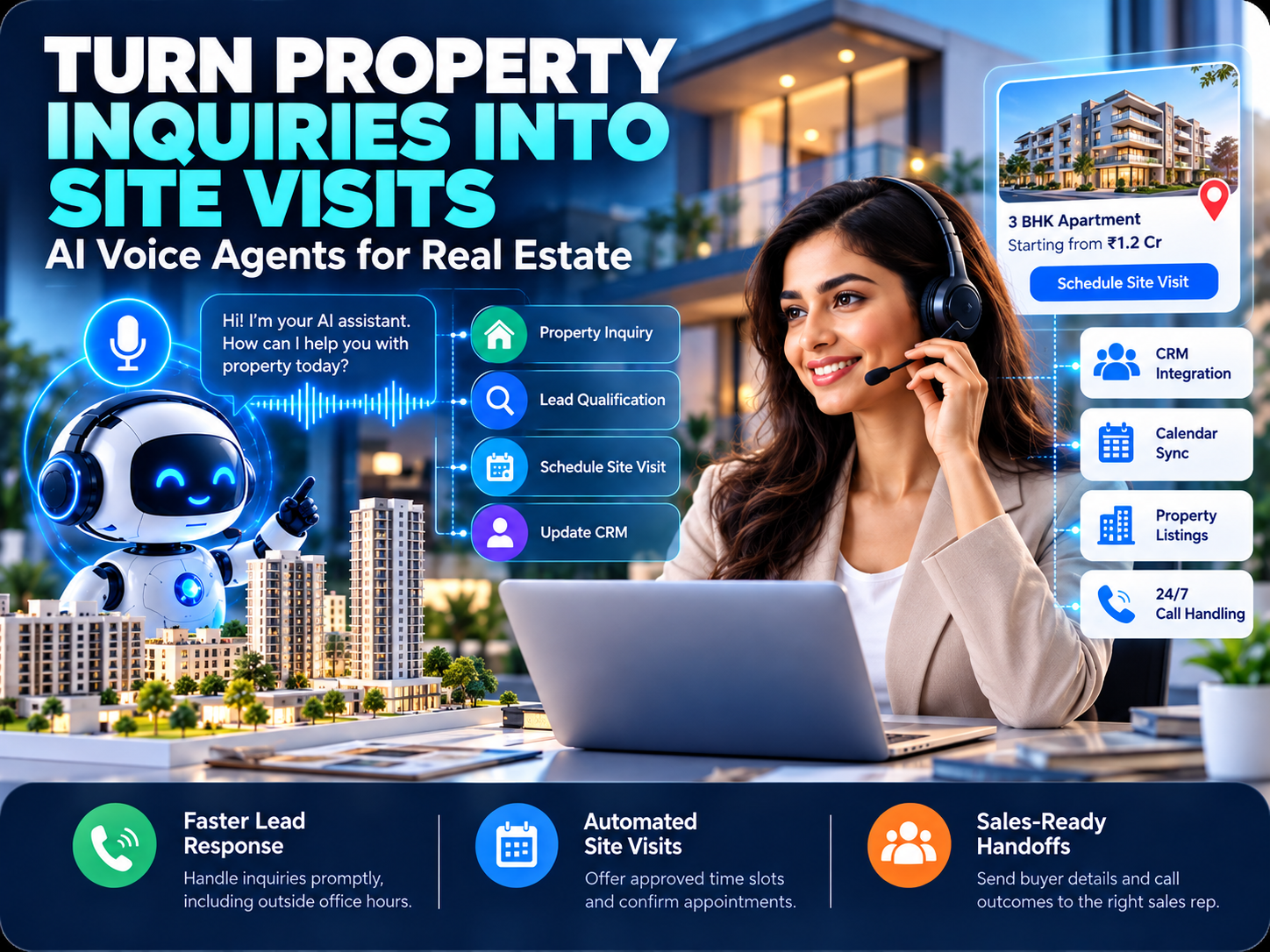 AI voice agent handling a property enquiry, with steps for qualifying the buyer, scheduling a site visit and updating the CRM