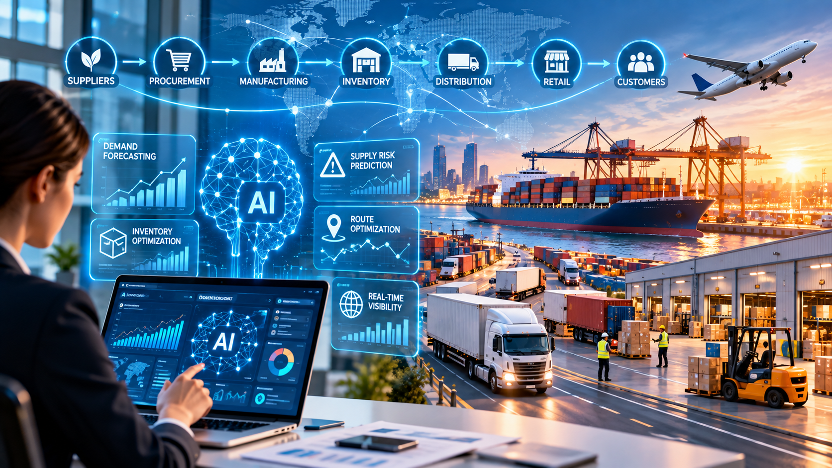 Container port and warehouse with trucks, with AI supply chain analytics overlay