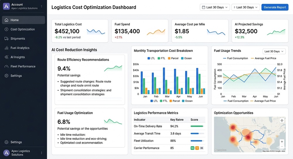 AI Logistics Cost Optimization Dashboard Screenshot