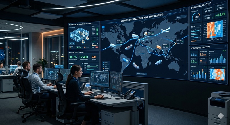 AI-powered route optimization map, real-time shipment tracking