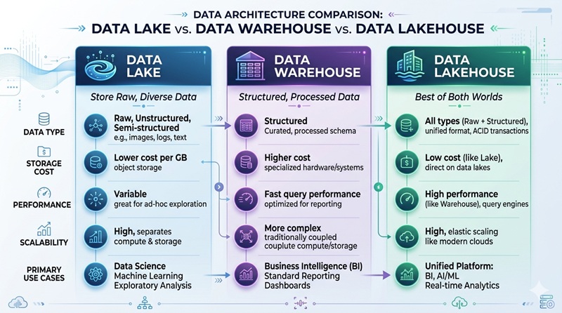 Data Lake vs Data Warehouse vs Lakehouse: Key Differences & Best Choice 